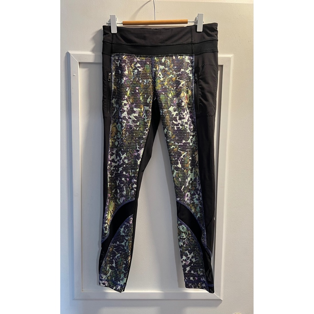 Lululemon Run Times Pant Floral Dot Print Mesh Black Leggings Size 6 28x26x9